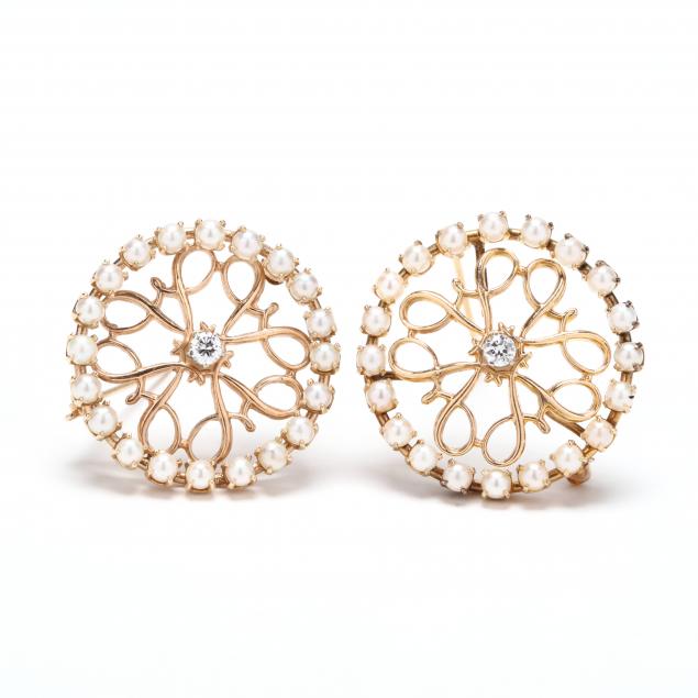 two-14kt-gold-diamond-and-pearl-brooches