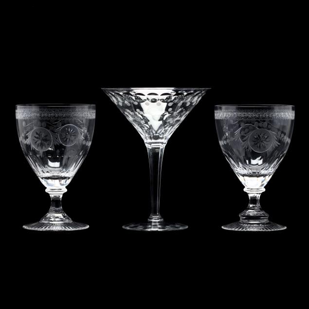 william-yeoward-pair-of-engraved-wine-goblets-and-martini-stem