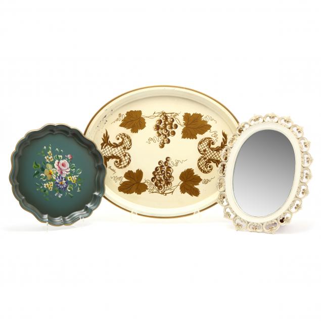 two-vintage-toleware-trays-and-dressing-mirror