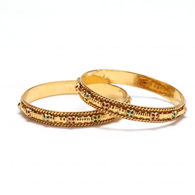 pair-of-high-karat-gold-and-enamel-bangle-bracelets