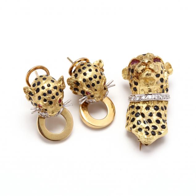 18kt-gold-enamel-and-gem-set-cheetah-earrings-and-brooch-pendant