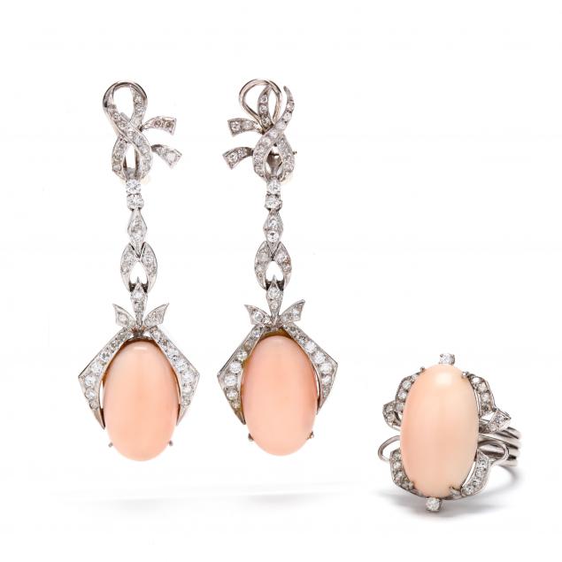 white-gold-angel-skin-coral-and-diamond-ring-and-ear-pendants