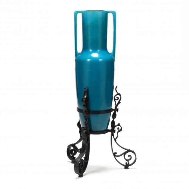 large-continental-porcelain-turquoise-glaze-vase-on-stand