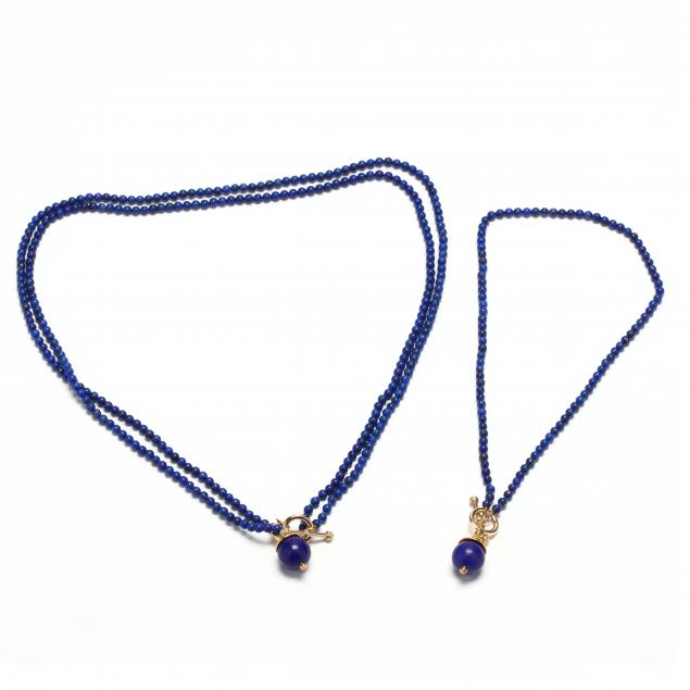 two-14kt-lapis-bead-necklaces-with-18kt-gold-lapis-pendants