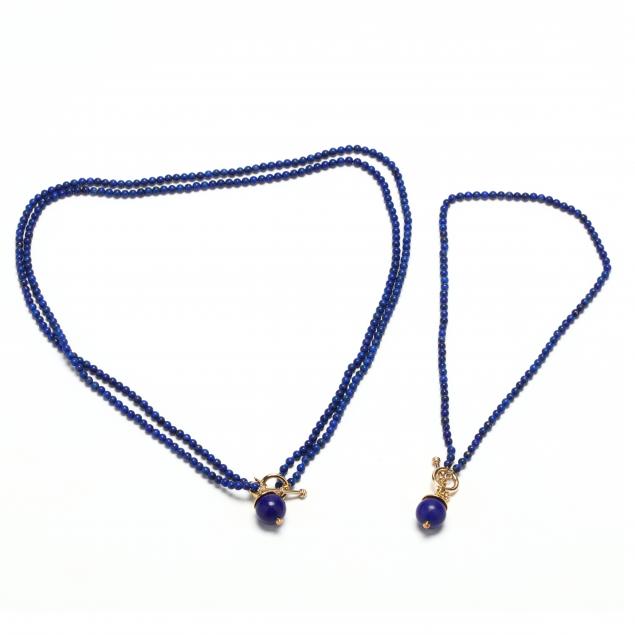 two-14kt-lapis-bead-necklaces-with-18kt-gold-lapis-pendants