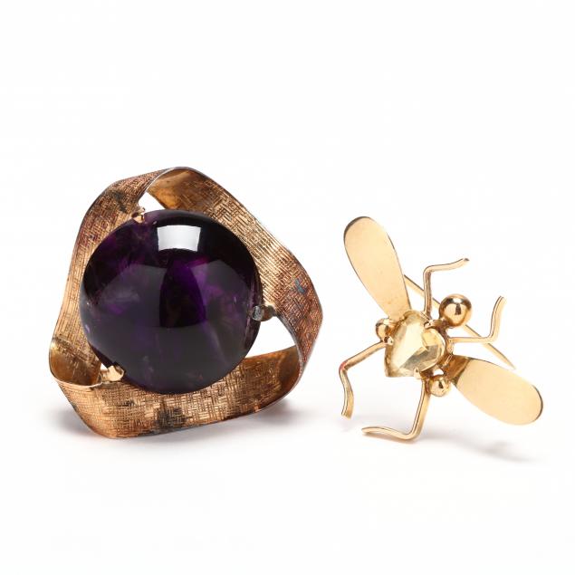 14kt-gold-amethyst-brooch-and-a-tiffany-co-14kt-gold-and-citrine-bug-brooch