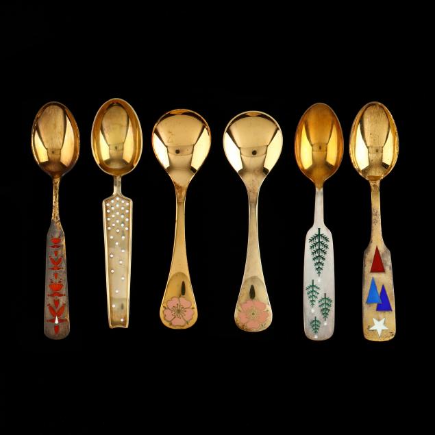 six-sterling-silver-gilt-enameled-danish-spoons-jensen-michelsen