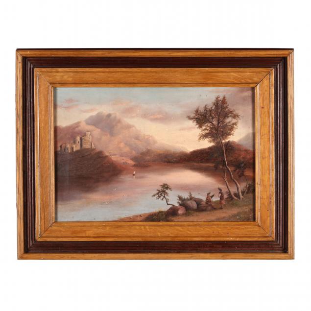 an-antique-scottish-painting-of-a-loch-with-highlanders