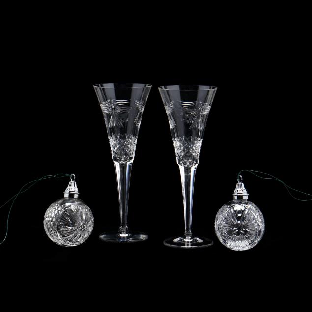 a-pair-of-waterford-crystal-toasting-flutes-and-two-ball-ornaments