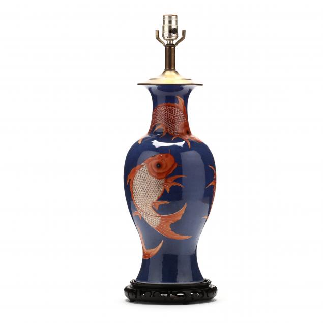 a-chinese-powder-blue-porcelain-vase-lamp-with-koi-fish