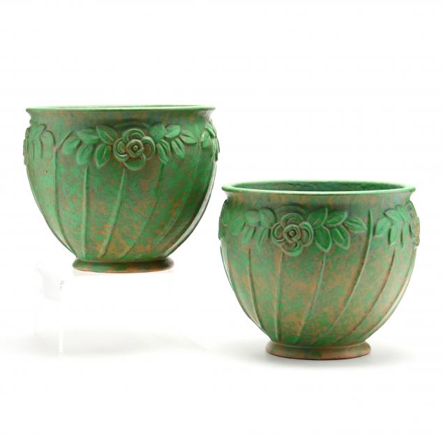 weller-pair-of-mottled-green-pottery-jardinieres