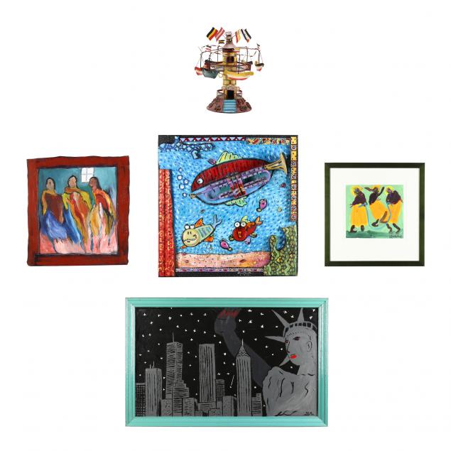 a-group-of-four-folk-art-paintings-and-a-whirligig