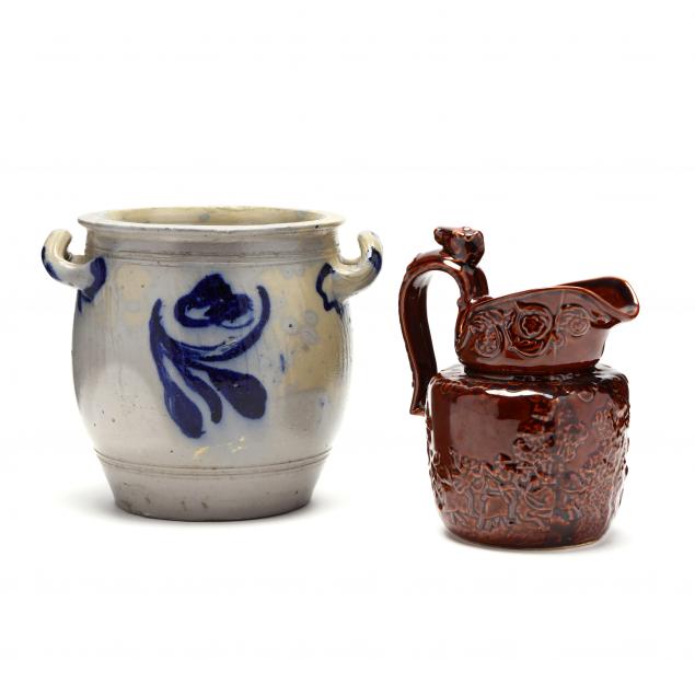 vintage-rockingham-pitcher-and-cobalt-decorated-crock