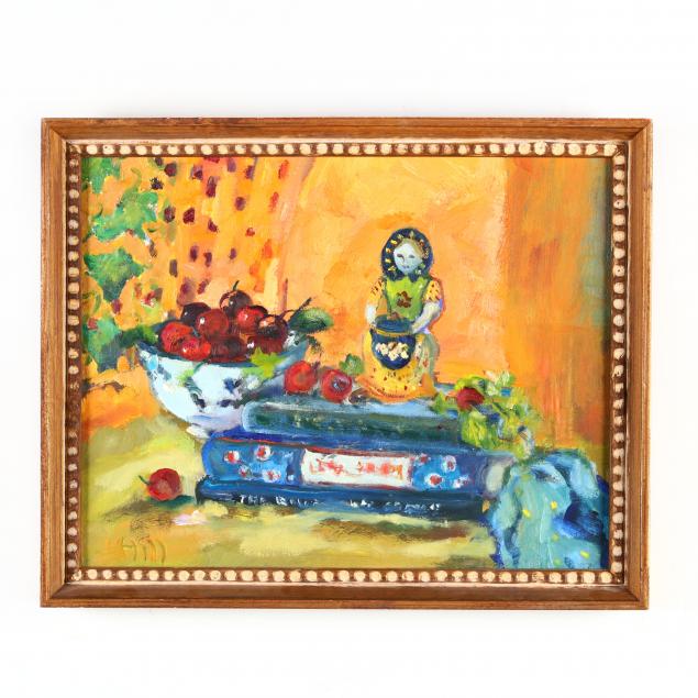 margaret-hill-nc-still-life-with-quimper-books-cherries
