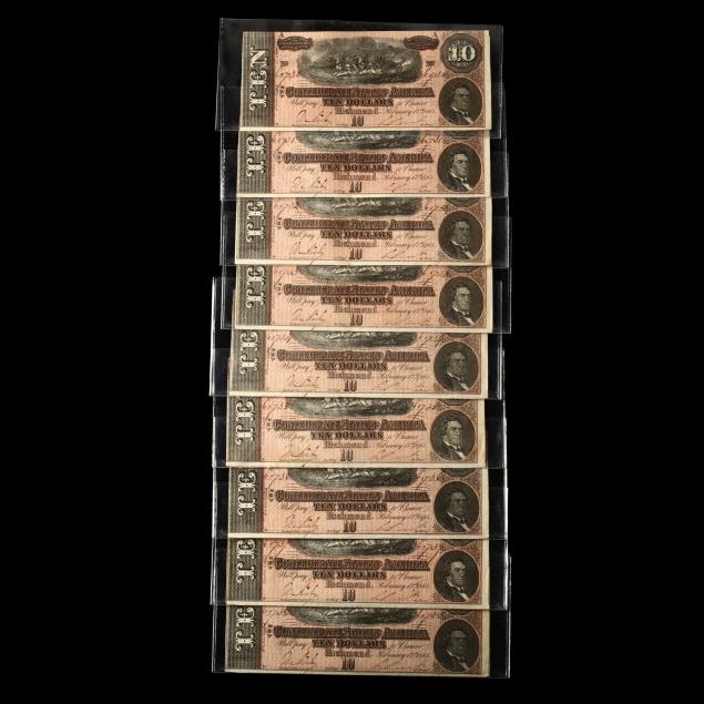 nine-uncirculated-t-68-confederate-10-notes-with-sequential-serial-numbers