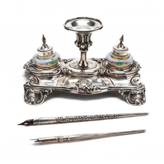 an-antique-continental-silver-inkstand-two-fountain-pens