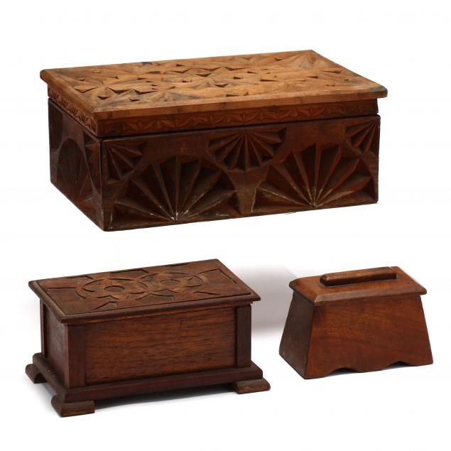 three-vintage-folk-art-carved-wood-boxes