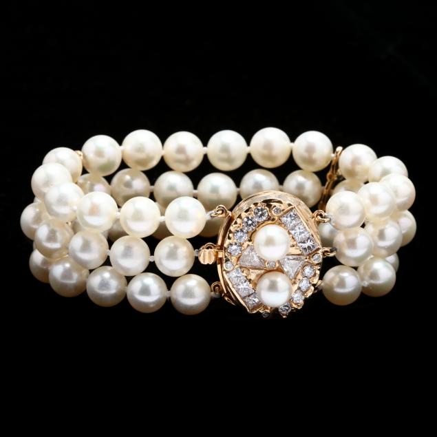 14kt-gold-triple-strand-pearl-and-diamond-bracelet