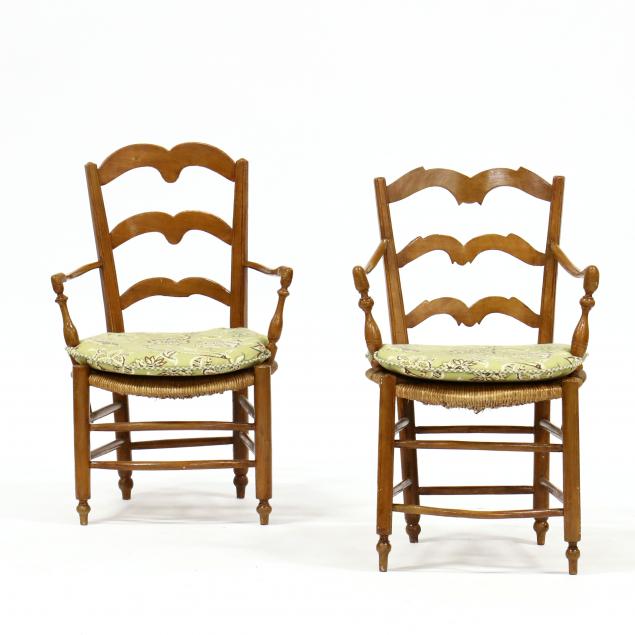 two-french-provincial-style-faux-grain-painted-ladder-back-arm-chairs