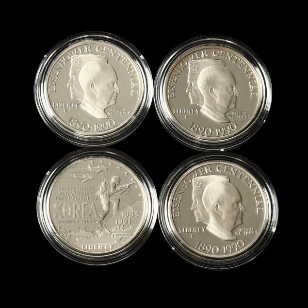 three-1990-eisenhower-centennial-silver-dollars-and-1991-korean-war-silver-dollar