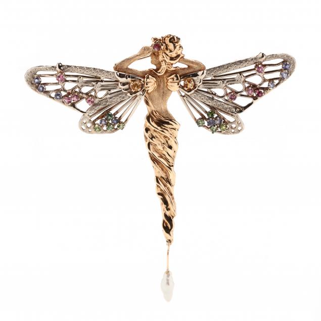 art-nouveau-style-14kt-gold-and-gem-set-fairy-brooch-signed