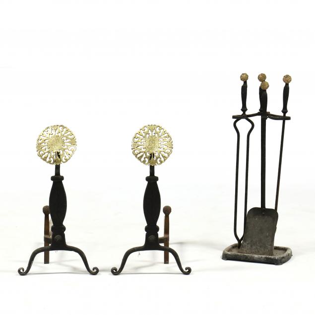 virginia-metalcrafters-pair-of-andirons-with-associated-tools