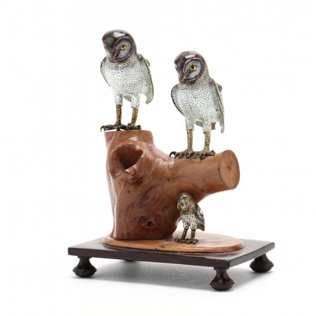 a-sculpture-of-three-enameled-silver-owls