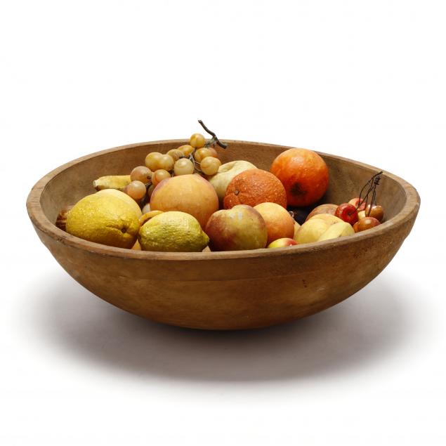 antique-turned-wood-bowl-with-painted-stone-fruit