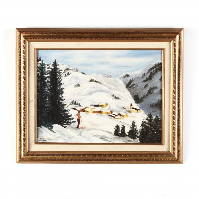 olga-hulsizer-nj-1916-2009-skier-with-winter-village-below