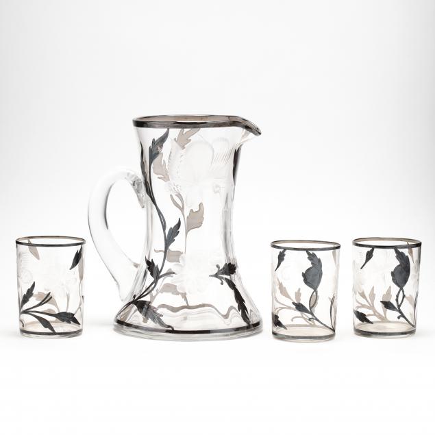 vintage-engraved-glass-and-sterling-overlay-pitcher-and-tumblers