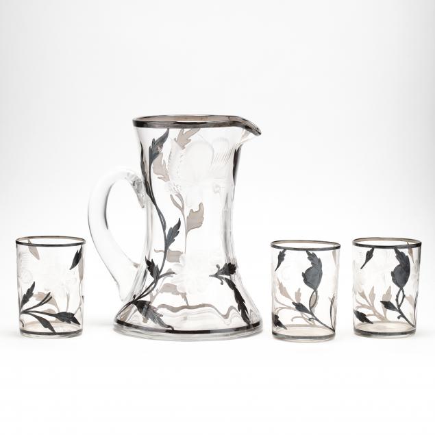 vintage-engraved-glass-and-sterling-overlay-pitcher-and-tumblers