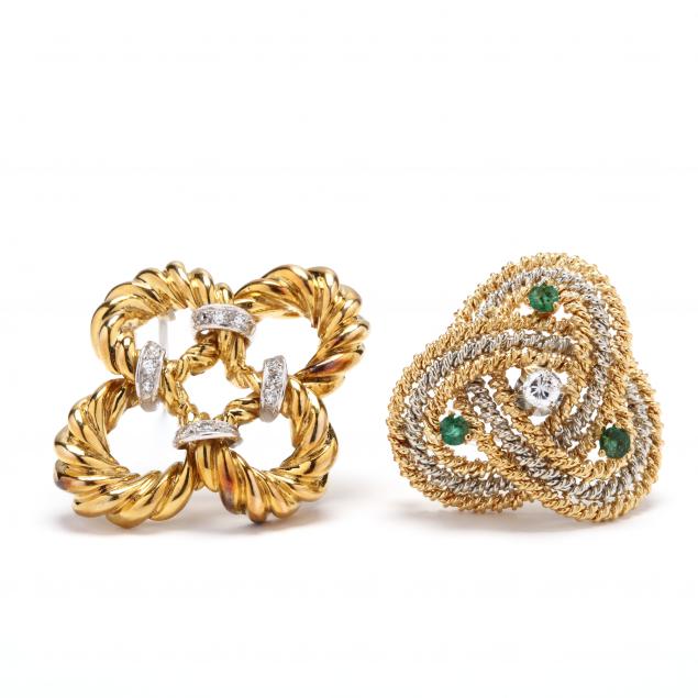 18kt-emerald-and-diamond-brooch-and-a-14kt-diamond-brooch-slide