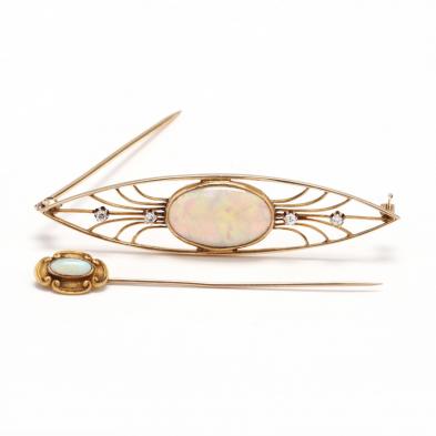 a-vintage-14kt-gold-opal-and-diamond-brooch-and-opal-stick-pin