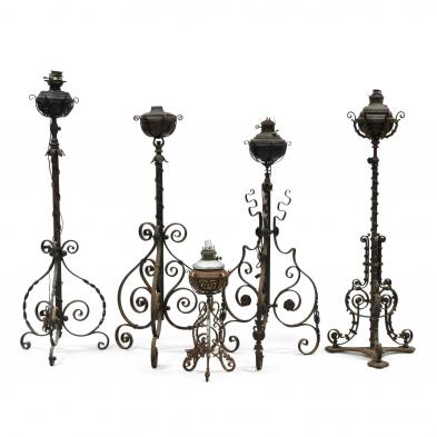five-wrought-and-cast-iron-kerosene-lamps