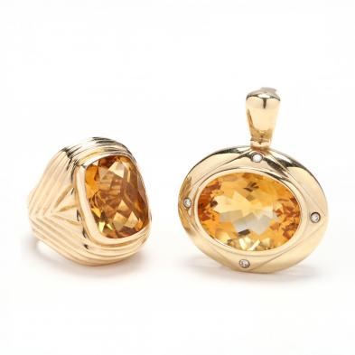 14kt-gold-and-citrine-ring-and-a-14kt-gold-citrine-and-diamond-pendant