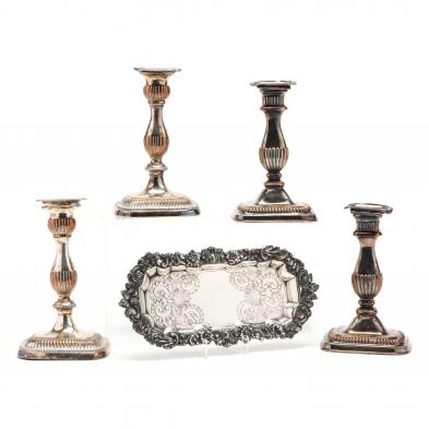 four-vintage-english-candlesticks-snuffer-tray