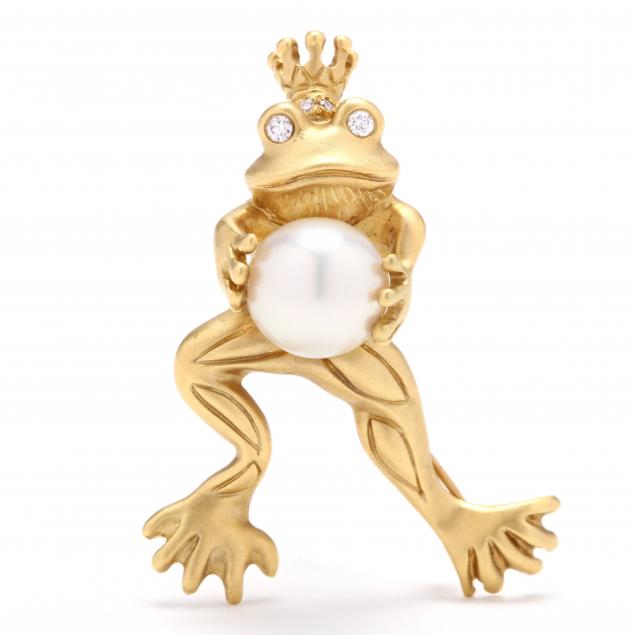 18kt-gold-pearl-and-diamond-frog-motif-brooch-signed