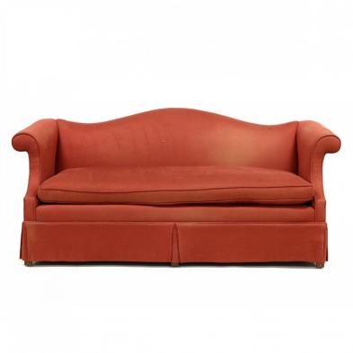 chippendale-style-over-upholstered-camel-back-sofa