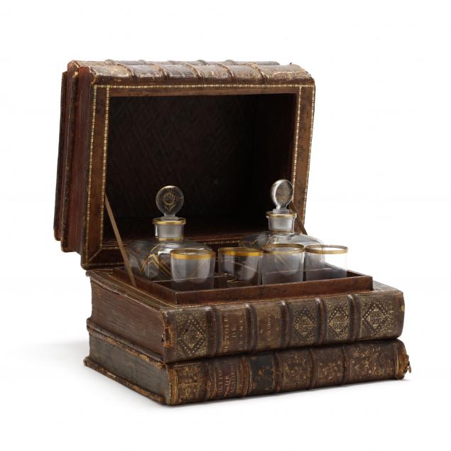 antique-faux-book-tantalus-decanter-set