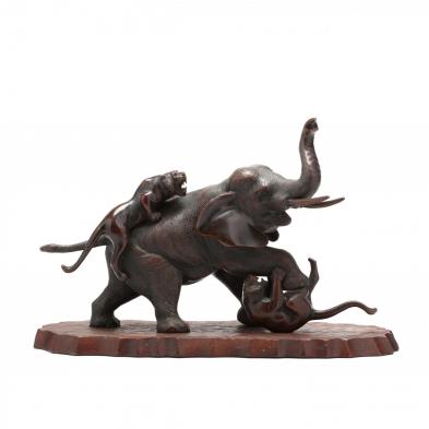 a-japanese-meiji-period-signed-bronze-of-tigers-attacking-an-elephant