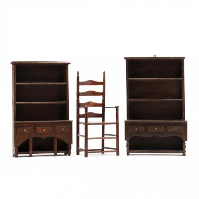 two-vintage-miniature-flatwall-cupboards-and-chair
