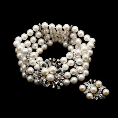 multi-strand-14kt-white-gold-pearl-and-diamond-bracelet-and-brooch