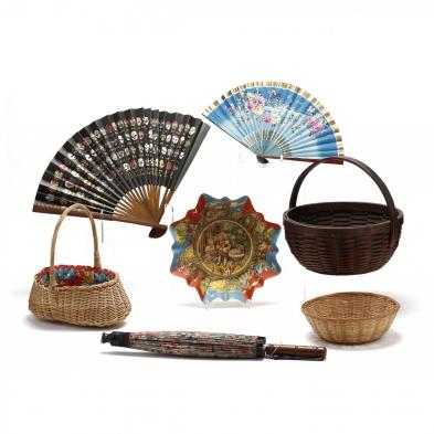 group-of-vintage-baskets-fans-and-parasol