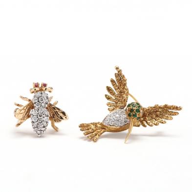 two-gold-and-gem-set-whimsical-brooches