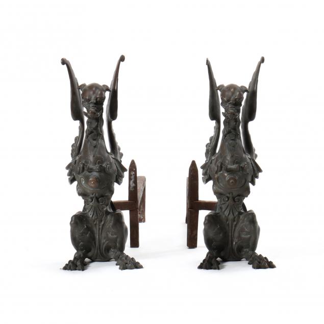 pair-of-antique-bronze-griffin-andirons
