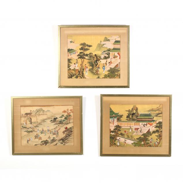 three-framed-asian-paintings-of-court-scenes