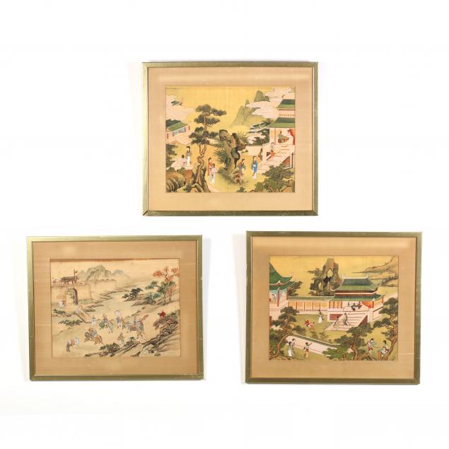 three-framed-asian-paintings-of-court-scenes