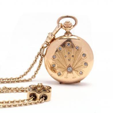 lady-s-antique-18kt-diamond-hunter-case-pocket-watch-by-nevada-with-14kt-watch-chain-and-slide