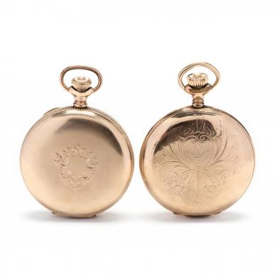 two-antique-gold-filled-hunter-case-pocket-watches