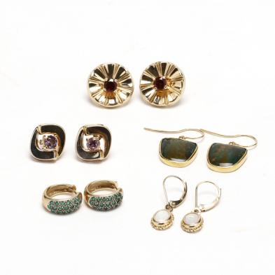 five-pairs-of-gold-and-gemstone-earrings